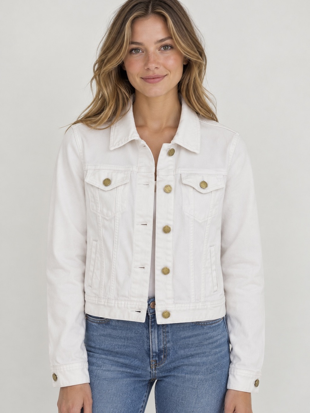 Lilly Pulitzer Resort White/White Denim Jacket Gold Buttons Size S 19x19